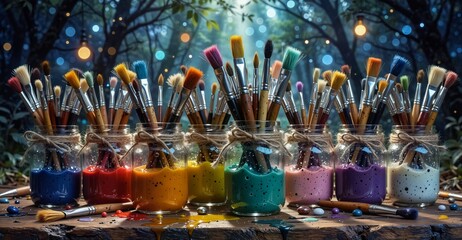 colorful paintbrushes in glass jars with vibrant paint and artistic supplies on a rustic wooden table in a whimsical forest setting.