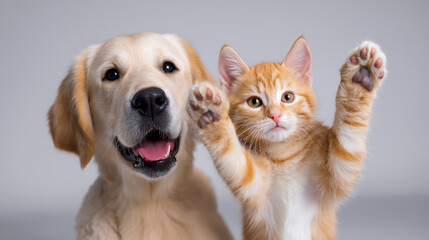 Obraz premium Happy dog and cat posing together against light background. 