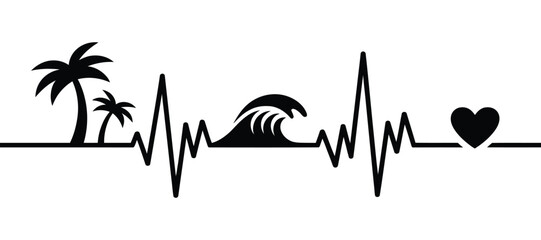 Tropical getaway heartbeat graphic with palm trees, wave, love