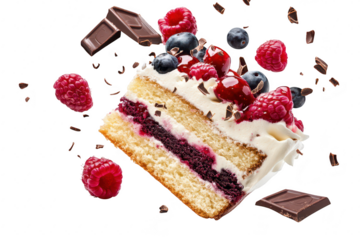 A delicious slice of layered cake with fresh raspberries. blueberries. and chocolate shavings. elegantly presented against a clean white background. perfect for dessert promotions or culinary blogs