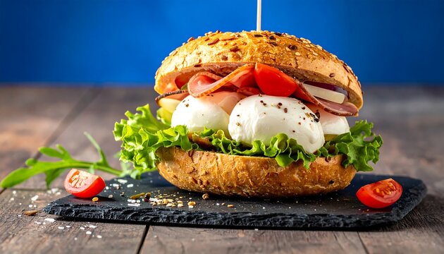 Gourmet Burger with Mozzarella, Prosciutto, and Fresh Vegetables.