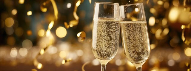 Close-up of two champagne flutes filled with bubbly wine against a festive golden background