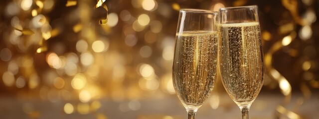 Close-up of two champagne flutes filled with bubbly wine against a festive golden background