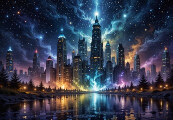 Obraz premium futuristic cityscape reflecting in water under a vibrant nebula and starry night sky.