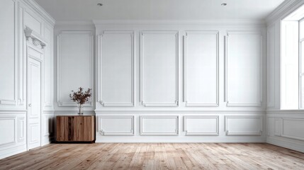 Fototapeta premium Elegant white room with wooden floor and decorative paneling