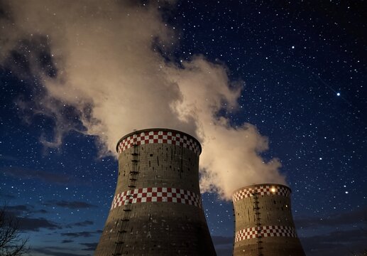 cooling towers at night with starry sky and vapor trails, industrial landscape
