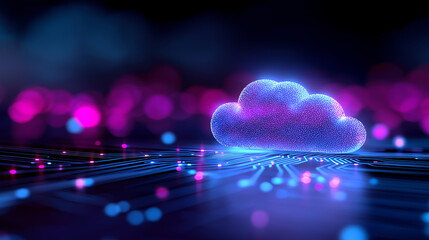 Glowing cloud icon representing cloud computing over a futuristic circuit board.
