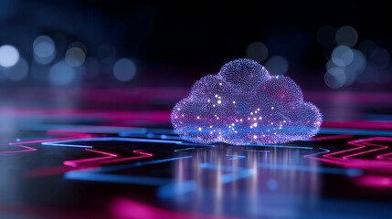 Glowing cloud icon representing cloud computing over a futuristic circuit board.
