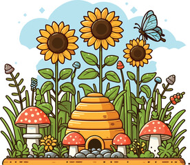 Sunny Meadow with Beehive, Sunflowers and Butterfly