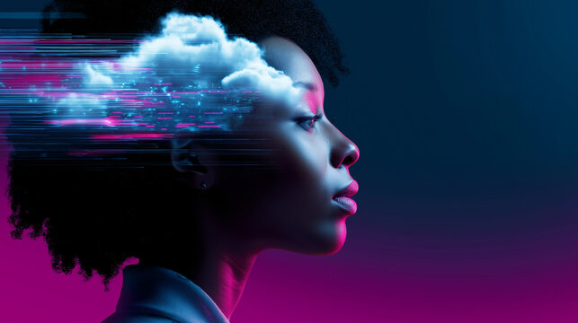 Profile of a woman with digital cloud emerging from her head, symbolizing artificial intelligence and data flow.
