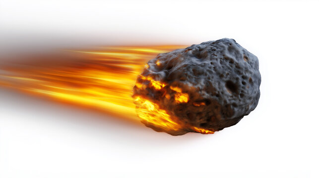 Dark meteor flying with glowing orange sparks and motion trail on white background.
