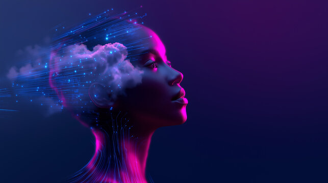 Profile of a woman with digital cloud emerging from her head, symbolizing artificial intelligence and data flow.