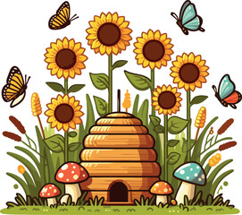 Sunny Beehive Garden with Butterflies and Sunflowers