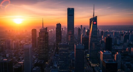 Stunning cityscape at sunset with vibrant colors and towering skyscrapers.