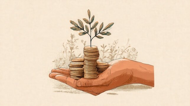 Hand holding a stack of coins with a small plant growing, symbolizing financial growth