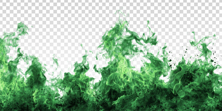 Vector green fire flame border isolated on the transparent background. Concept of magical green fire.