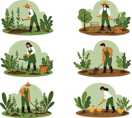 Gardening people performing various farm tasks