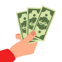 Hand holds a lot of money banknote. How to get rich. A question that worries many. Vector illustration. 