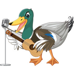 Whimsical Mallard Duck Character Singing and Playing Guitar Into a Vintage Microphone on a Transparent Background