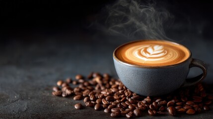 Steaming cup of espresso with latte art and coffee beans on a dark surface
