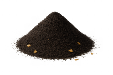 Dark soil mound with scattered seeds on transparent background, symbolizing agriculture, growth, and gardening