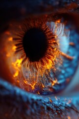 Vibrant and dramatic macro close-up of a human eye illuminated by blue and orange light