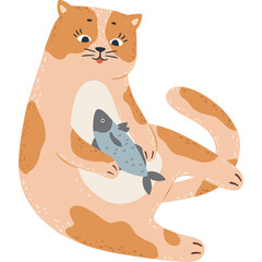 Whimsical Orange Tabby Cat With Brown Patches Cradling A Small Blue Fish In Its Paws Against A Transparent Background With A Soft Speckled Texture