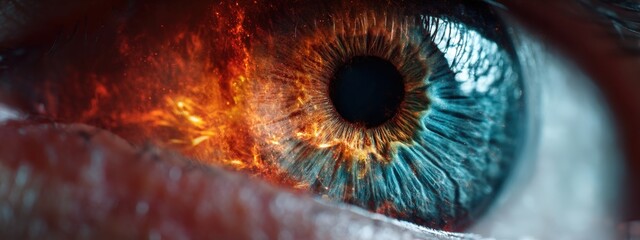 Vibrant and dramatic macro close-up of a human eye illuminated by blue and orange light