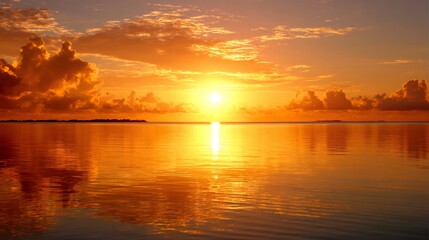 Obraz premium Sun ascending or descending over calm tropical sea, creating a glowing reflection on the water and painting the sky with warm colors