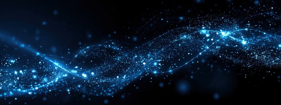 Vibrant blue network of glowing dots and flowing lines forming a wavy digital landscape