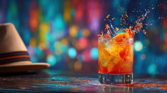 Vibrant cocktail splashing from a stemmed glass next to a hat on a colorful party background