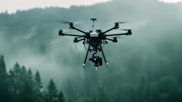 Professional octocopter drone with camera flying over a misty, forested mountain landscape on a cloudy, atmospheric day