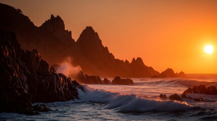 Obraz premium Waves crashing against jagged rocks along a breathtaking coastline, bathed in the golden glow of a sunset