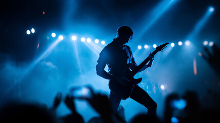 Silhouette of guitarist performing live on stage with dramatic blue lighting and crowd.
