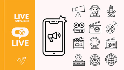 Live Streaming Digital Marketing Broadcast Media Vector Icons with vector illustration