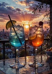 colorful cocktails on a terrace overlooking a city skyline at sunset, perfect for summer drinks and travel concepts.