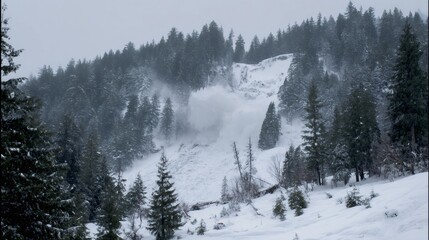Fototapeta premium Massive avalanche of snow and ice flowing down a mountain a snowy winter forest creating a powerful force of nature