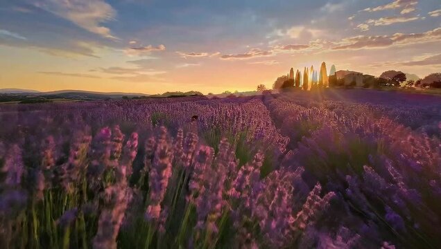 Provence Sunset: A Romantic Time-lapse Over the Vibrant Lavender Fields &ndash; Experiencing the Calming Beauty of Nature, Purple Blooms, Aromatic Scenery, and European Summer Travel.