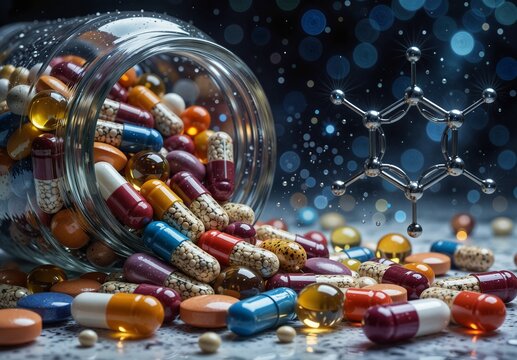 colorful pharmaceutical pills spilling from a jar with a molecular structure model, representing medicine and healthcare research.