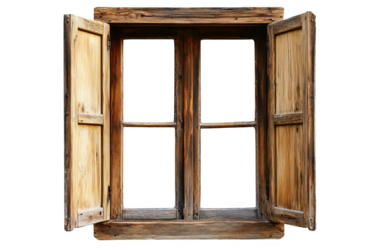 A rustic wooden window with open shutters. its weathered texture and natural grain. set against a plain background. ideal for home decor or architectural design inspiration - Powered by Adobe