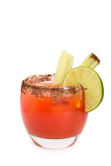 Glass of bloody mary with celery and lime on white background