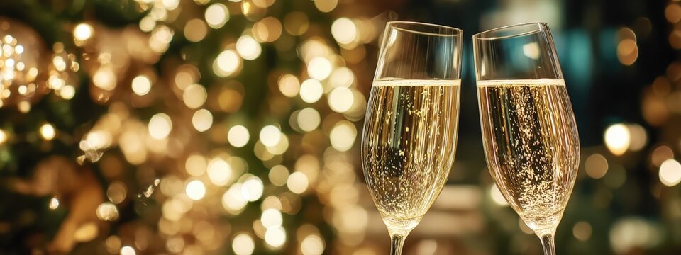 Two champagne flutes filled with sparkling wine against a background of festive bokeh lights