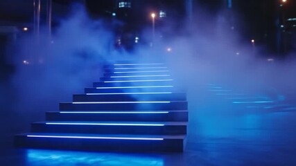 Neon blue illuminated stairway with fog and city lights at night