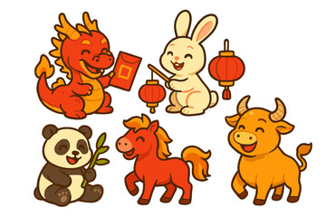 Obraz premium Set of cute cartoon Chinese zodiac animals including dragon, rabbit, panda, horse, and ox