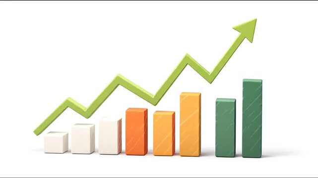 Rising bar chart with green arrow indicating growth and success