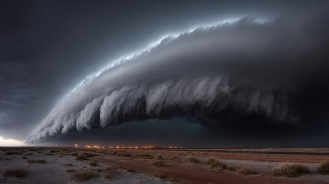 Shelf cloud covering plains landscape at dusk, extreme weather approaching a distant city under dark storm clouds
