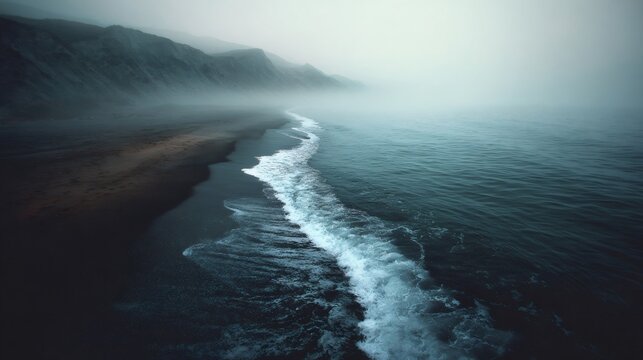 Ocean waves crashing on a black sand beach with mountains shrouded in dense fog and a moody coastal atmosphere