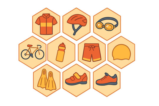 Collection of colorful icons representing triathlon and multisport equipment