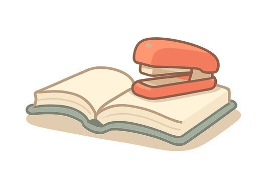 Open book with orange stapler resting on pages