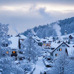 Serene Snowy Village Vista: A Winter Wonderland Landscape with Charming Houses